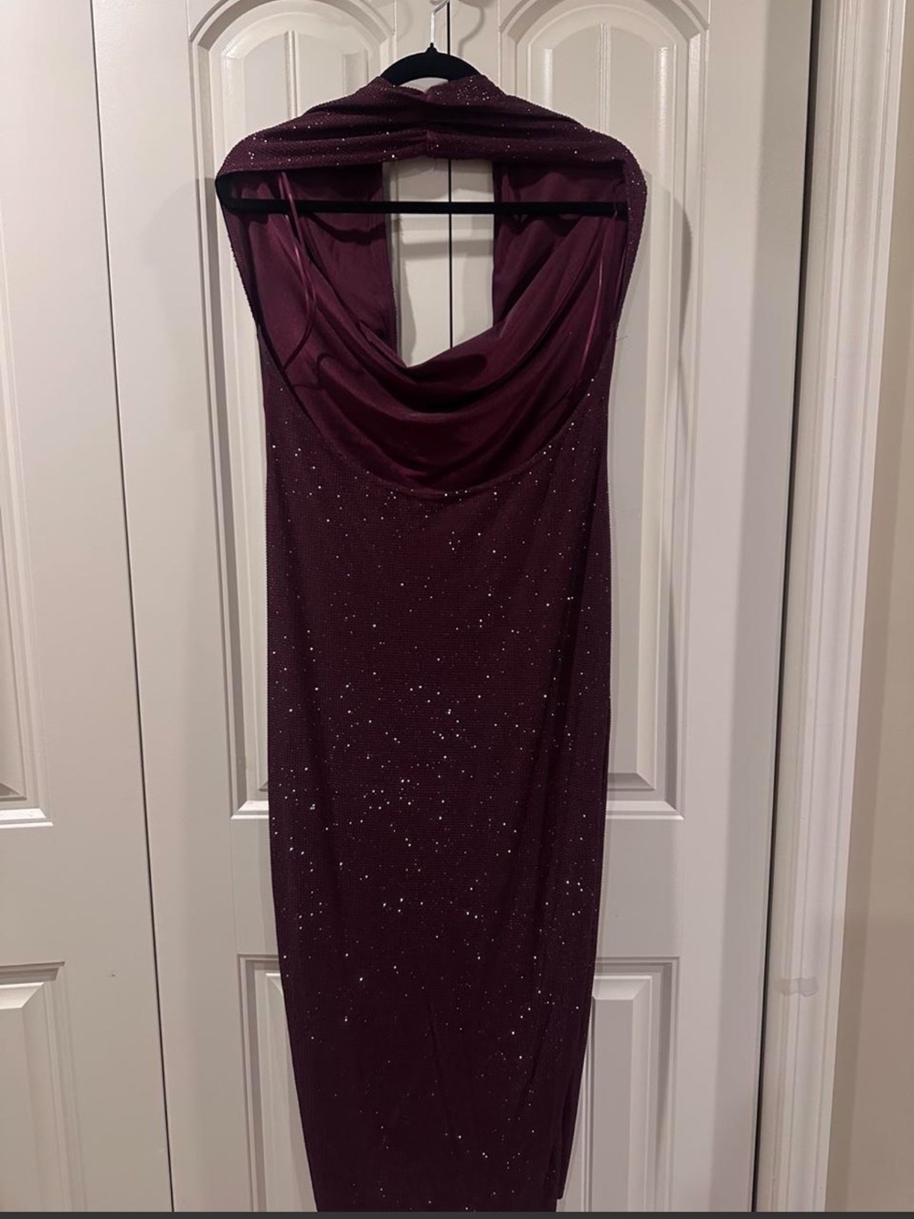 Cowl Neck Burgundy Rhinestone Midi Dress - Picture 4 of 8